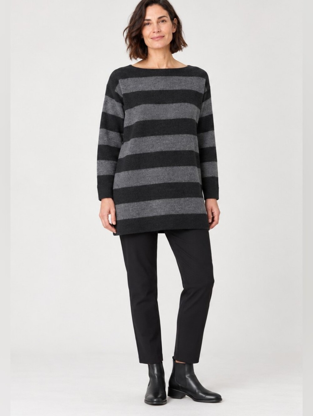 Eileen Fisher Black and Gray Striped Bateau neck Tunic Sweater Sz L